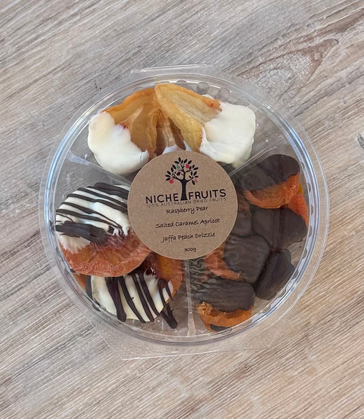 Raspberry Pear, Salted Caramel Apricot and White Jaffa drizzle peach T ...